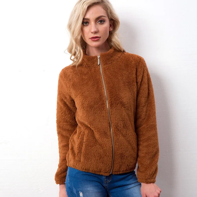 Autumn And Winter Women's Jacket 2018 New Coat Imitation Alpaca Long-Sleeved Stand Collar Pocket Plush Short Coat AS061 (5)