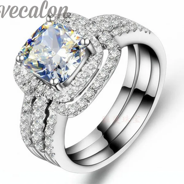 Vecalon Fashion ring cushion cut 3ct Cz diamond 3 in 1 Wedding Band Ring Set for