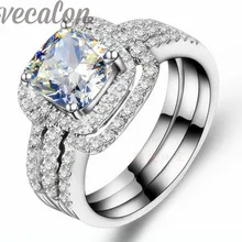 Vecalon cushion cut 3ct anillo de La Moda Cz diamond 3-in-1 Band Set Anillo para Las Mujeres de 10KT Oro Blanco Lleno de Compromiso anillo