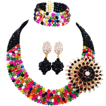 

Fashion Black Multicolors Crystal Beaded Multi Strands Necklace Nigerian Wedding African Beads Jewelry Set for Women 5L-ZJ002