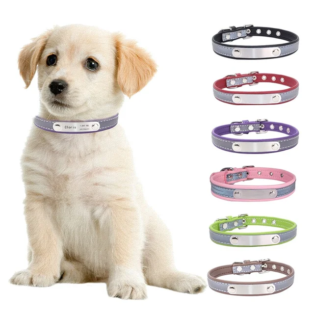 Reflective Leather Personalized Engraved Dog Collar Custom Puppy Cat