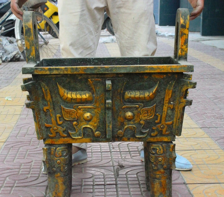 

25" Old Chinese Bronze Gilt Dragon Beast Face Statue Ding Incense Burner Censer