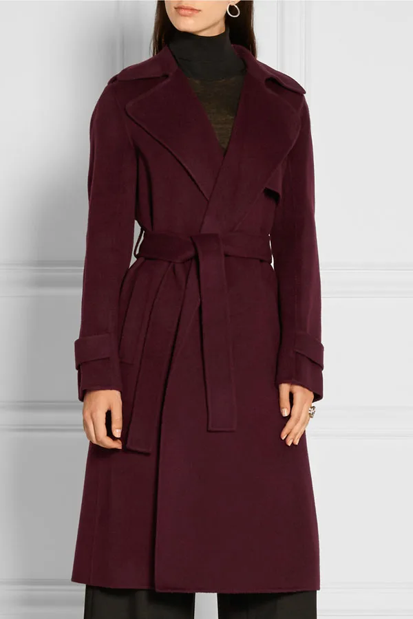 Manteau femme UK, весенне-зимнее женское модное классическое простое тонкое шерстяное пальто с поясом, женская верхняя одежда abrigos mujer - Цвет: Wine red