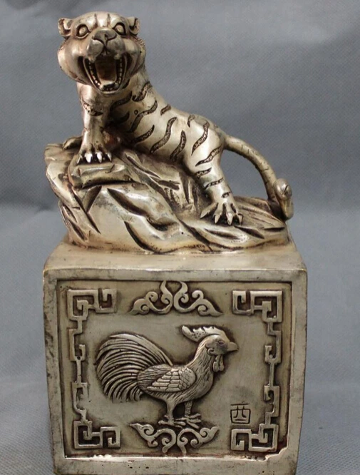 

JP S0114 7" Chinese Silver Dynasty Droit Zodiac Tiger Head Statue Signet Seal Brass Stamp