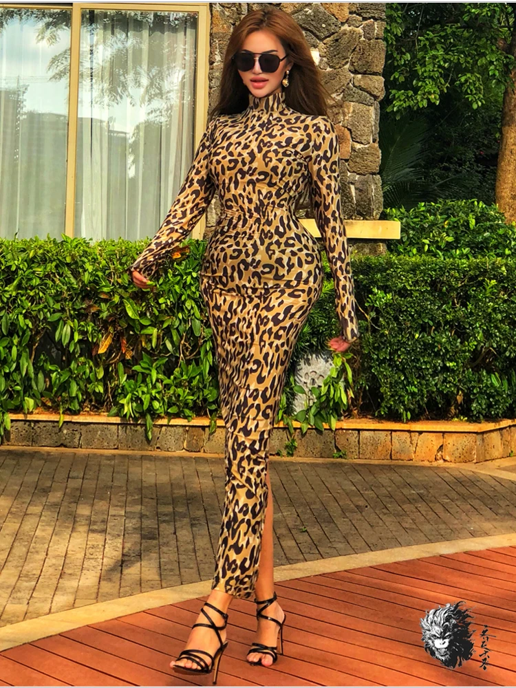 

Long Sleeve Women's Party Leopard Dress 2019 Summer Silky Printed Back Slit Celebrity Prom Maxi Bodycon Dress For Female Vestido
