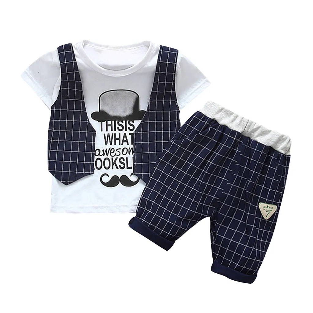

Baby Boys Clothes Kids Baby Boys Grid Waistcoat Cartoon Mustache T Shirt Tops Shorts Outfits Set 2019 Summer roupa infantil