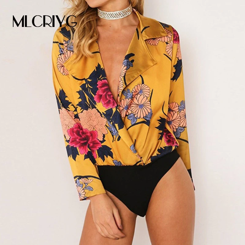 MLCRIYG Floral Shirt Bodysuit Women Long Sleeve Sexy Deep V neck Women