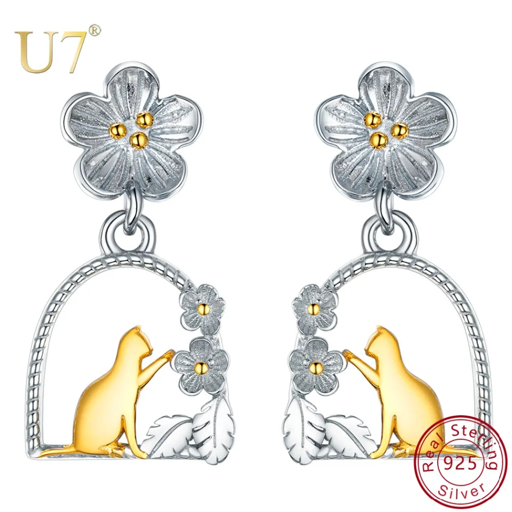 U7 Real 925 Sterling Silver Creative Animal Jewelry Cat/ Bird sit in the Garden Drop Earrings for Women Girl Brincos Femme SC279 | Украшения