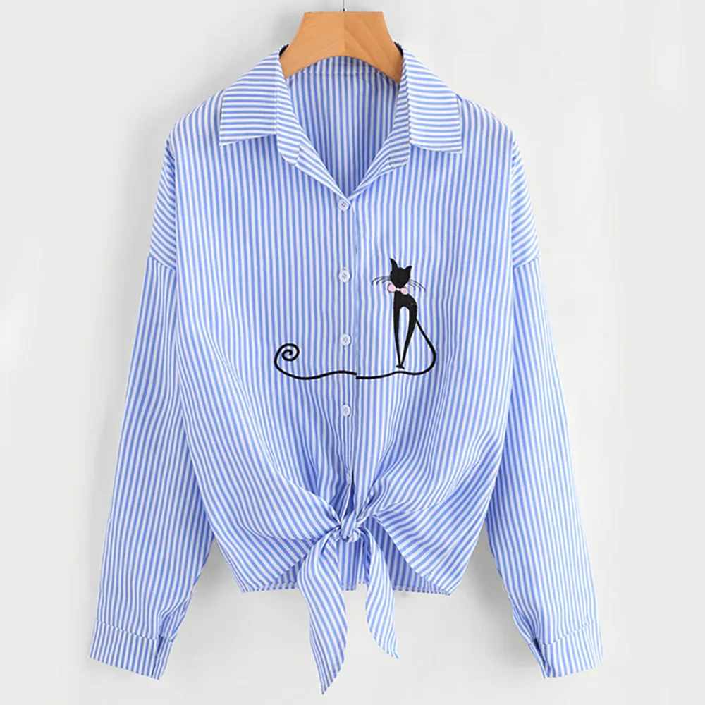 Feitong размера плюс женские короткие топы Блузы повседневные с принтом кота завязанные кромки рубашки с длинным рукавом блузки на пуговицах Топы blusa feminina# 5