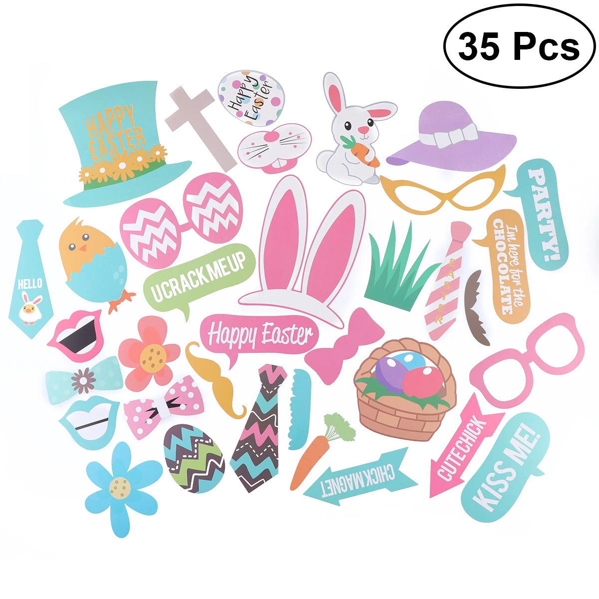 35 PCS Easter Photo Props with Attached Stick Rabbit and Eggs