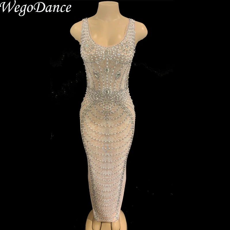 

New Woman Sparkly Rhinestones Mesh Nude Dress Sexy Evening Party Birthday See Through dresses Singer costume