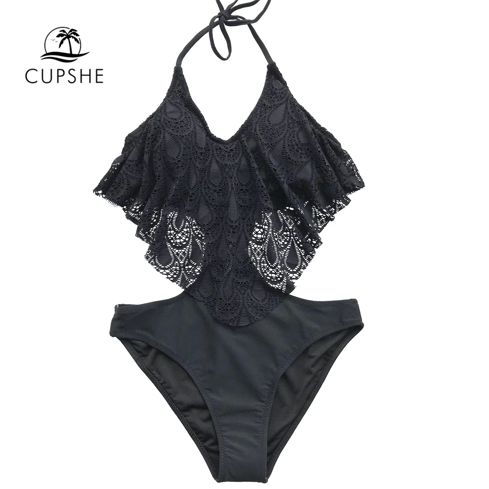 

CUPSHE Black Lace Ruffle Halter One-piece Swimsuit Women Solid Cutout Backless Monokini 2019 Girl Beach Bathing Suits Swimwear