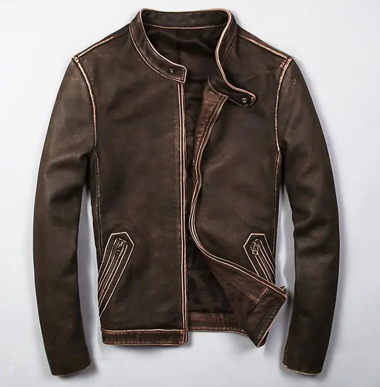 

Men's leather leather suede cowhide old collar slim short leather jacket Harley motorcycle clothing jacket