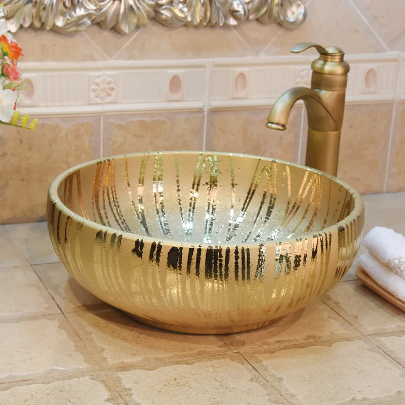 Chinese washbasin ceramic sink Jingdezhen Art Counter Top golden porcelain ceramic wash basin bathroom sink (2)