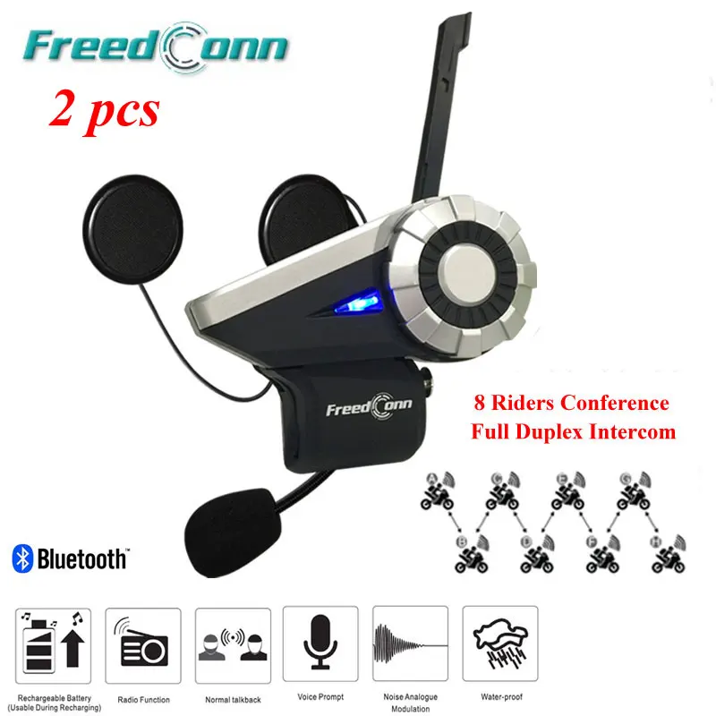 

2 Set Latest T-Rex Interphone Bluetooth Helmet Intercom Headset 8 Riders Full Duplex Motorcycle Group Talk System 1500M+FM Radio