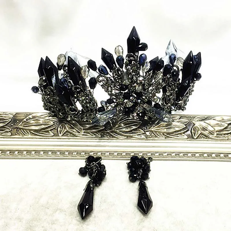 Earring Set Handmade Black Crystal Wedding Bridal Tiara Hair Accessories Crown