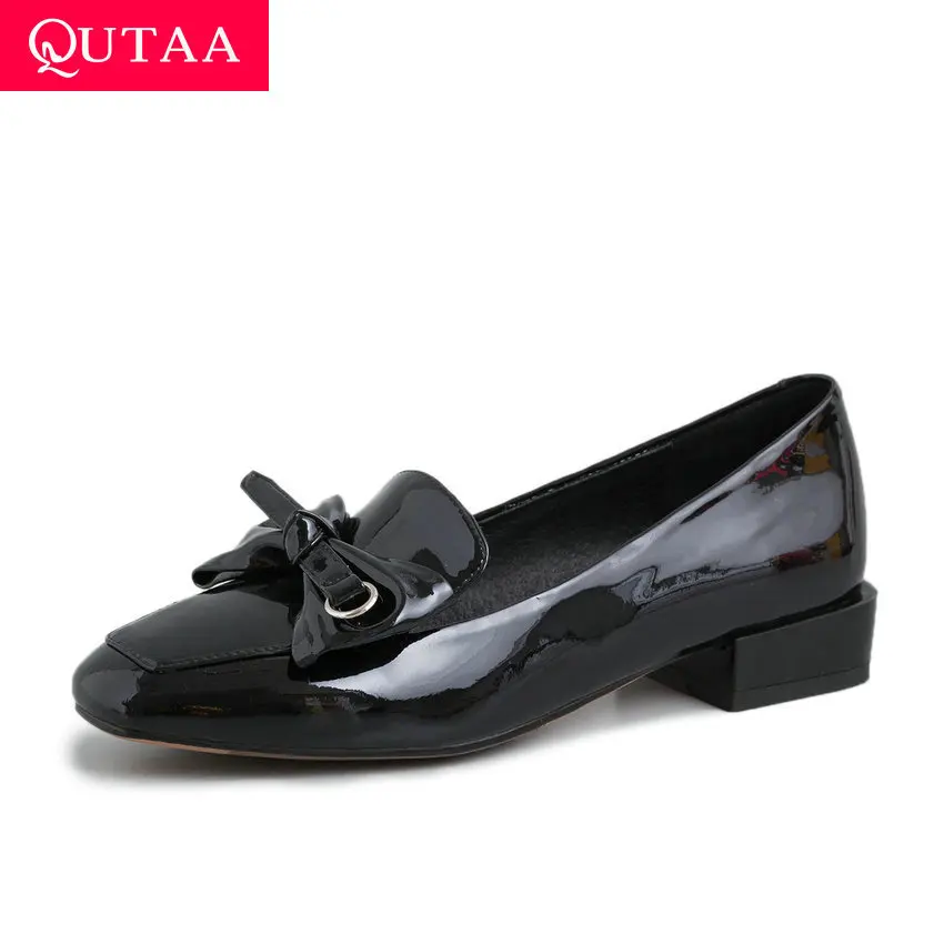 

QUTAA 2019 New Sweet Butterfly-Knot All Match Single Shoes PU Leather Thick Low Heel Casual Square Toe Women Shoes Size 34-39