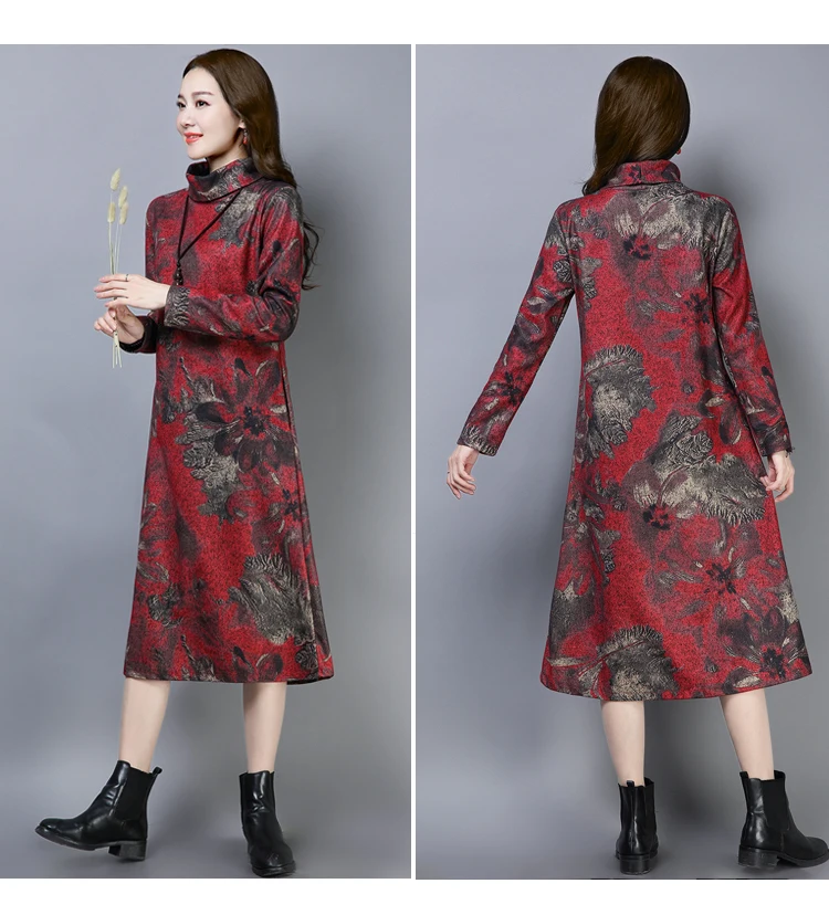 3601 Elegant Plus Size Long Dress 4xl for Women Vintage Turtleneck Thick Wool Floral Print Mon Winter Dresses Women 2018 Ladies 6