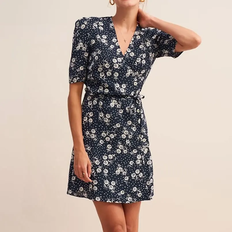 

2019 Summer Women V-Neck Puff Sleeve Sunflower Print Blue Mini Wrap Dresses Ladies Pin Up Dresses With Buttons Robe Femme Ete