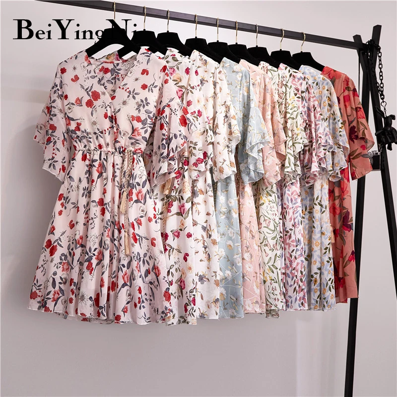 

Beiyingni 9Styles Floral Printed Women Dress Summer Chiffon Brief Drawstring Casual Short Sleeve Dresses Brief Elegant Vestidos