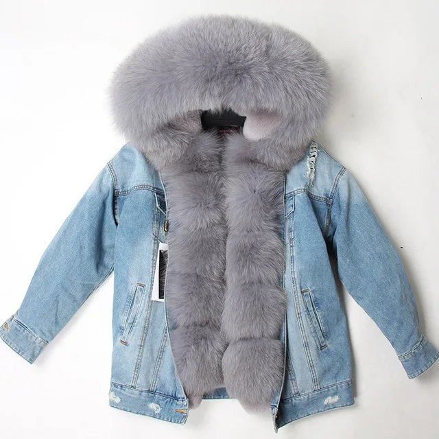 Maomaokong natural rabbit fur lined denim jacket fox fur coat coat fashion denim fox fur warm lady winter jacket women parka - Color: 05