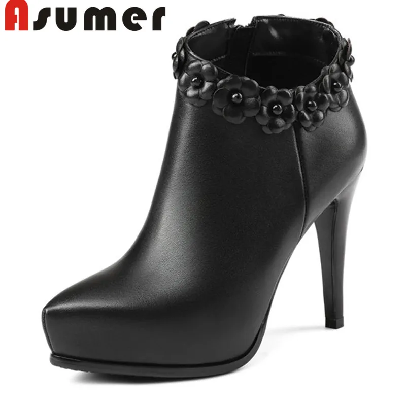 

ASUMER 2020 new solid ankle boot for women fashion flower winter high heels boots pointed toe unique genuine leather boots