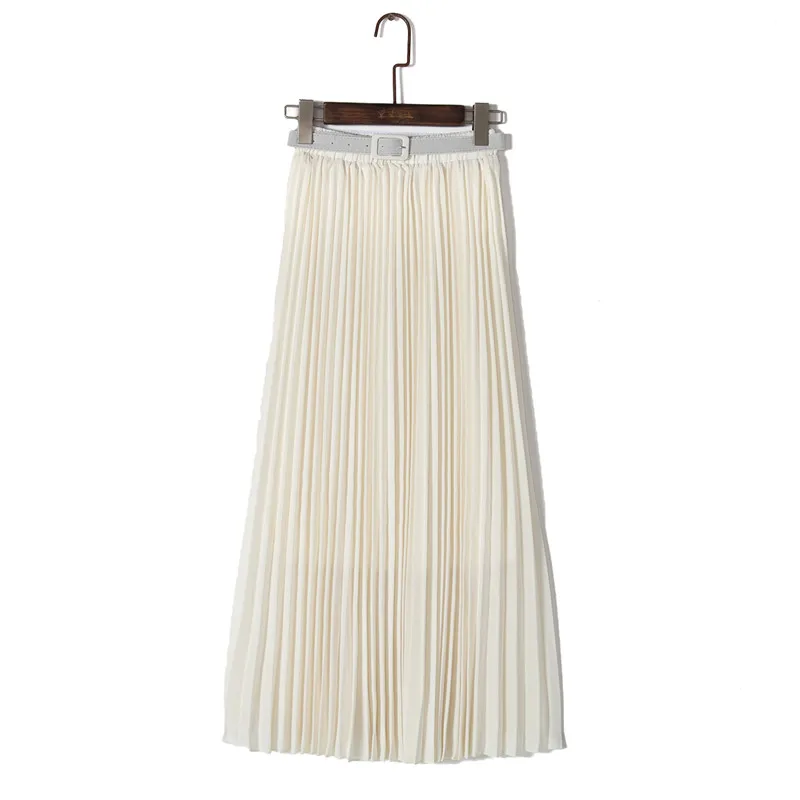 Элегантная Женская длинная юбка в богемном стиле, шифоновая юбка с высокой талией и поясом, пляжные плиссированные юбки, однотонные тюлевые макси юбки, розовый, синий, хаки - Цвет: beige skirt