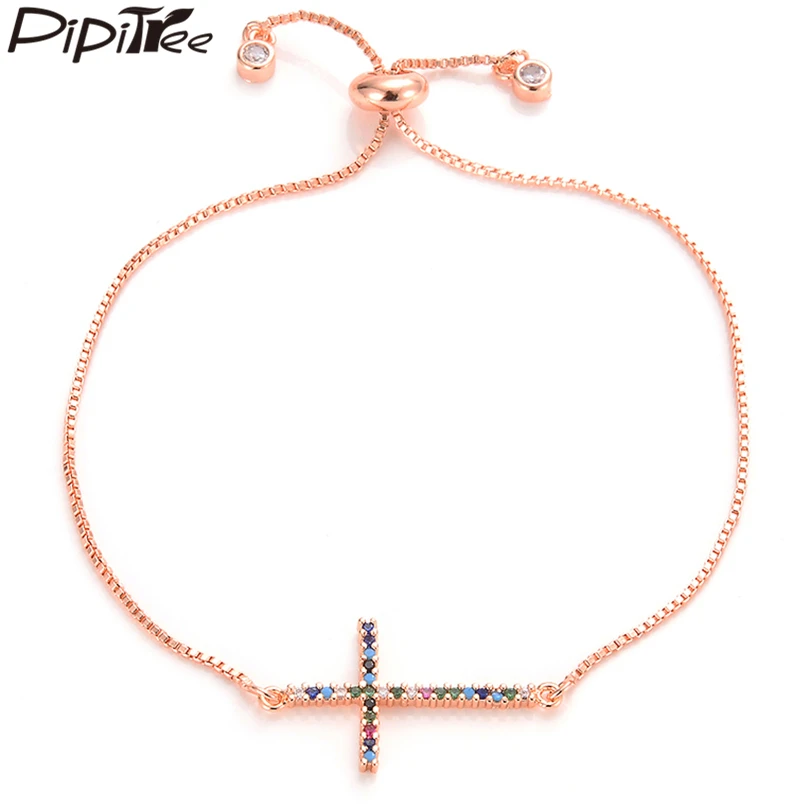 

Pipitree Multicolor Cubic Zirconia Paved Thin Cross Bracelet Fashion Jewelry Silver Gold Color Charm Trendy Bracelets for Women