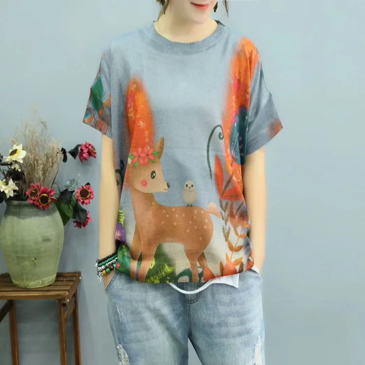 

QPFJQD Casual Cartoon Animal Printed Knit Cotton Sweater T-Shirt Female Literary Loose Pullover Top Summer Short-Sleeved T-Shirt