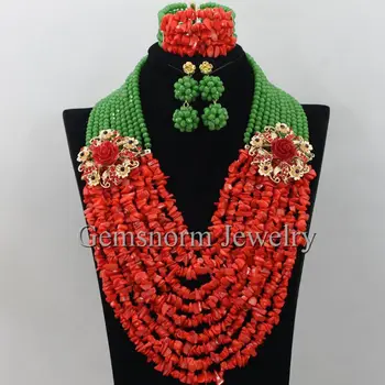 

African Nigerian Wedding Coral Beads Jewelry Set Luxury Green Crystal and Coral Bridal Jewellery Set Free Shipping CNR353