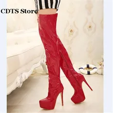 CDTS Plus:35-44 Autumn 15cm thin heels martin Over-The-Knee-high boots platform women shoes Crossdresser Patent Leather pumps