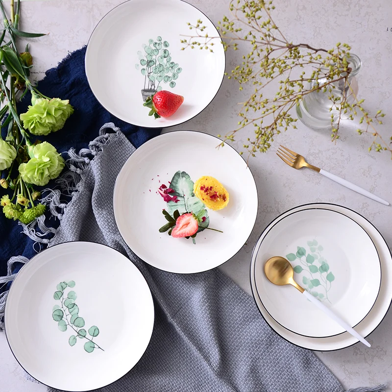 

1pcs green plant porcelain plate cutlery set green plant ceramic dessert plate cutlery cake plate