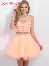 B043 Zwei Stücke A-linie/Prinzessin Kristall Homecoming Kleider 2017 Halter Chiffon-Kurz/Mini Party Vestido Cocktail Kleider
