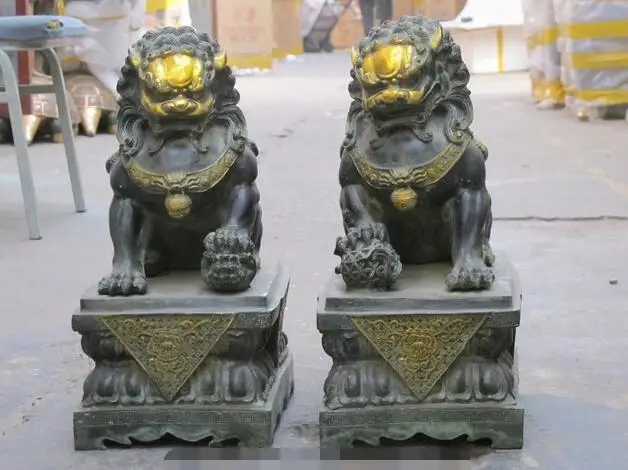 

China FengShui Palace Door Guardian Fu Foo Dog lion Pair Bronze Gilt statue