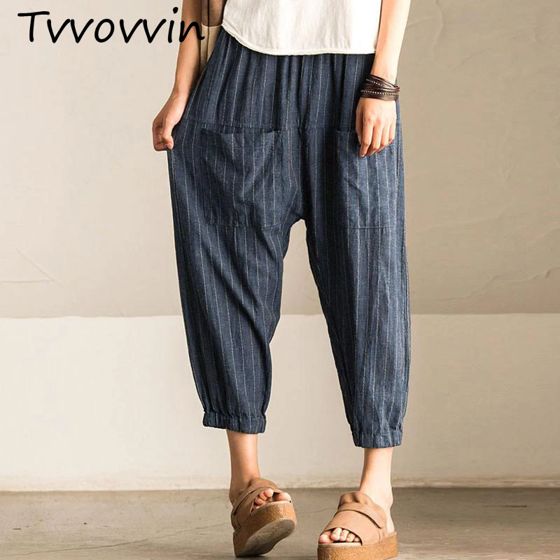 

2019 Women Casual Vintage High Elastic Waist Pockets Striped Baggy Harem Pants Turnip Trousers Work OL Wide Leg Pantalon V429