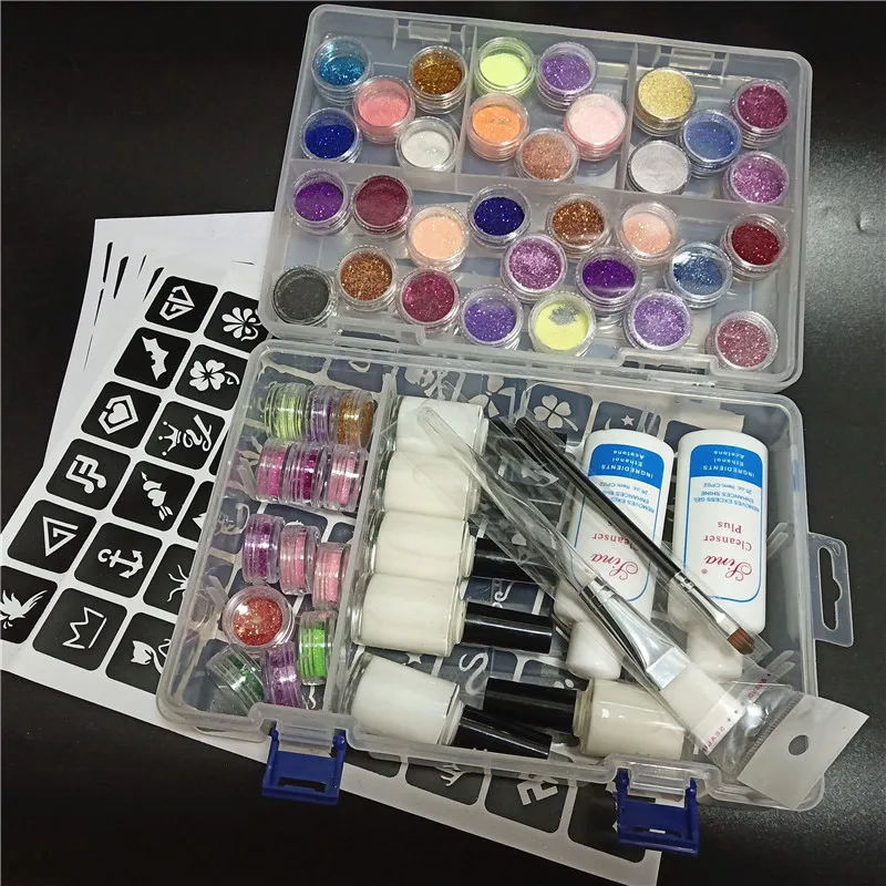 45 Colors Glitter Shimmer Powder 6 Glues 2 Brushes 5 Hollow Template Kit for Temporary Tattoo Kids Face Diy Manicure Nail Art