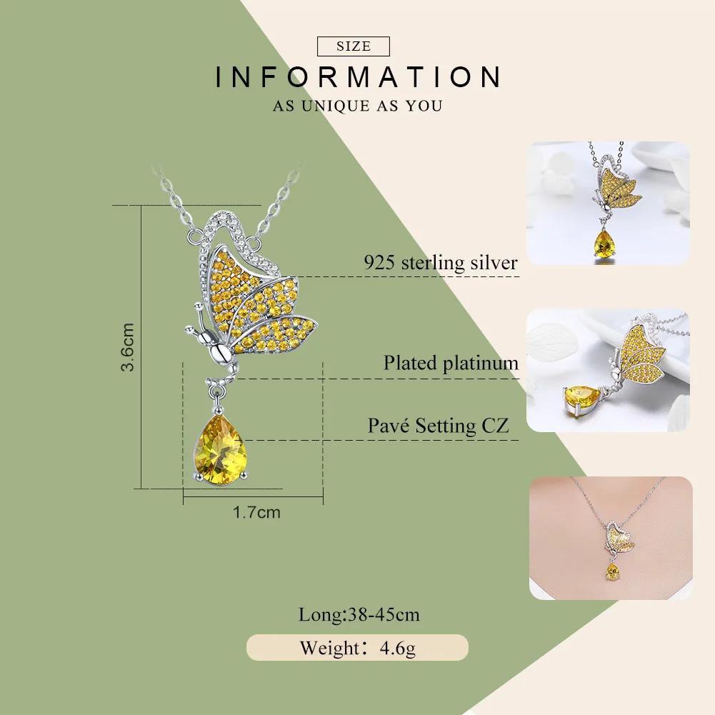 WOSTU, романтическая новинка, 925 пробы, серебряная Танцующая бабочка, желтая CZ подвеска, ожерелье для женщин 925, ювелирное изделие, модный подарок FIN241