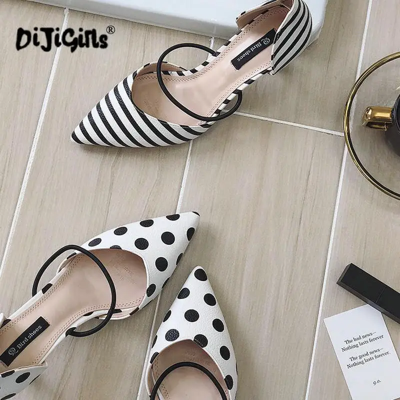 

Summer Polka Dot Women Sandals Pointed Toe Women Stripe High Heel Ladies Slippers Comfortable Slip On Shoes Pumps Drop Shipping