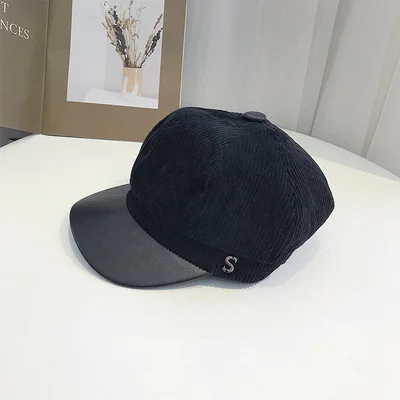 Fashion Women Hats Autumn Winter Corduroy Navy Military Hat Octagonal Hat Women Pu Leather Beret S Letter Corduroy Black Caps - Цвет: black