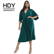 HDY Haoduoyi Новая мода размера плюс Горячая Распродажа женское повседневное приталенное платье миди с v-образным вырезом свободное элегантное одноцветное женское шелковое платье
