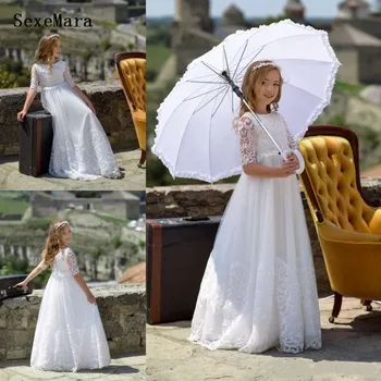 

New Arrival White Lace Beautiful Flower Girl Dress for Wedding A-Line O Neck Half Sleeves Girls Kids Party Pageant Gown