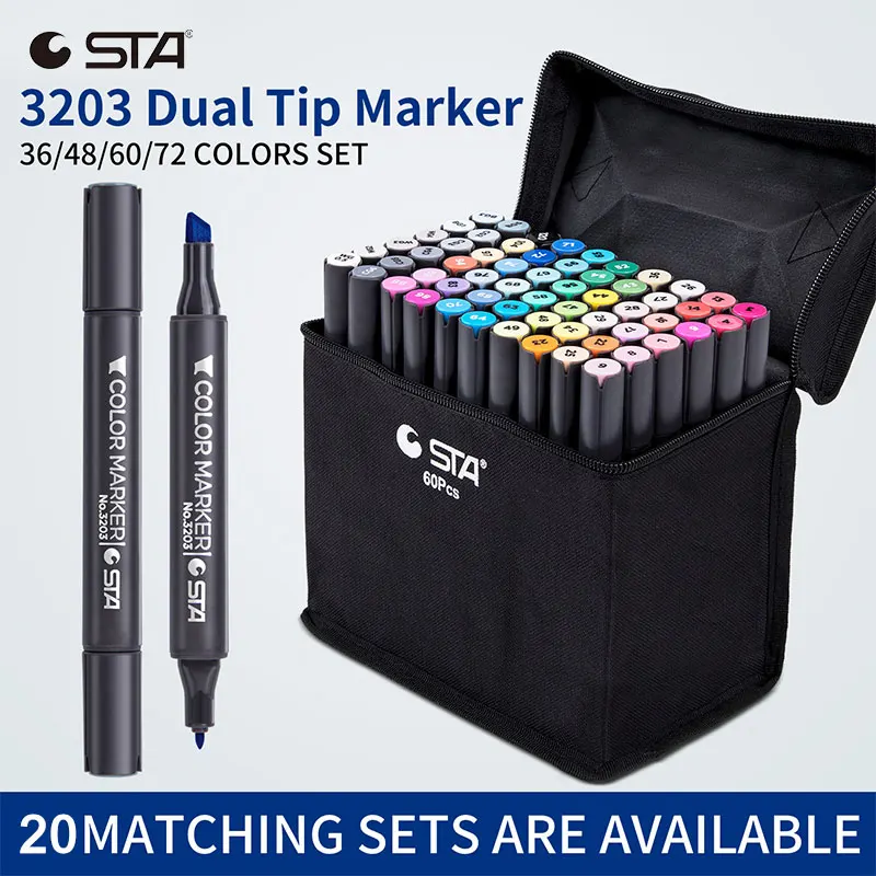 

STA Dual Tip Art Marker 36/48/60/72 Colors Alcohol Based Pen Set for Painting Design Sharpie Sketch Markers Artist Supplies