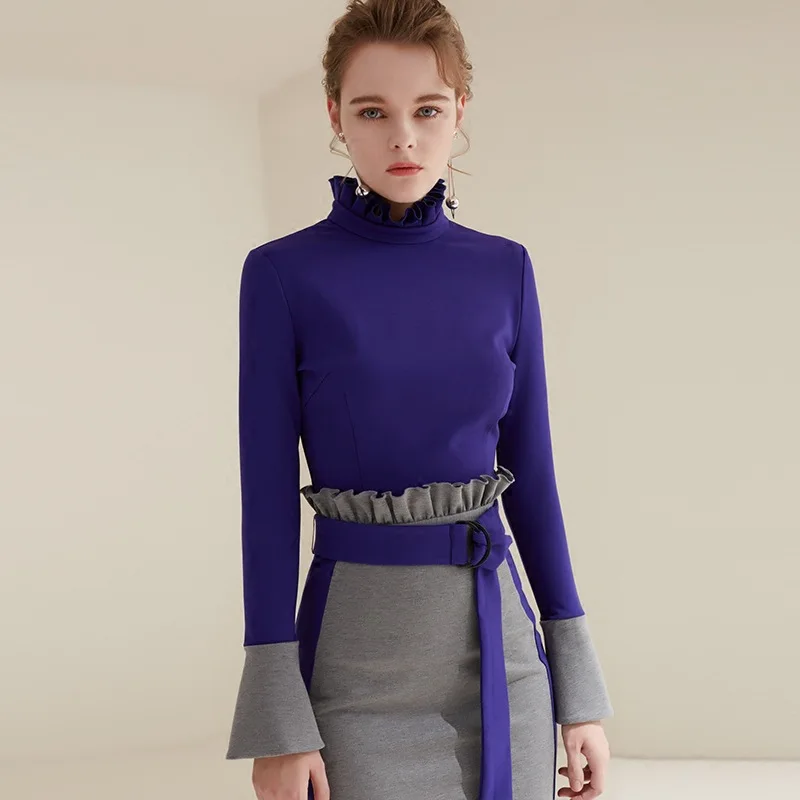 Multiflora 2018 formal dress women elegant purple long sleeve ruffle turtle neck offcie dress winter empire bodycon women dress