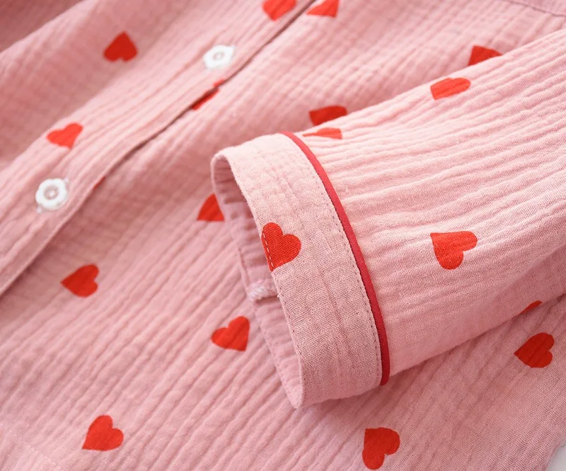 Tanie Wiosna nowe damskie piżamy komplet nadruk serce krepa bawełniana dwuwarstwowa gaza skręcić sklep