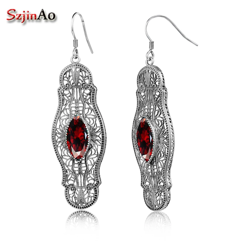 

Szjinao Wholesale Europe and America Vitoria Earrings Sterling Silver 925 Antique Garnet Earring Dangle for Women