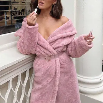 

Women Sexy Solid Color Lamb Jacket With Belt Long Sleeve coats Casual Cotton Autumn Winter Cardigan T7