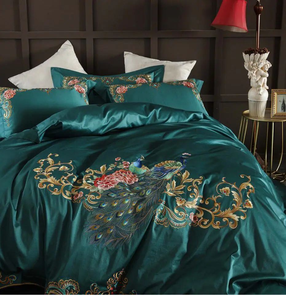 US $127.51 Green Red Luxury Peacock Embroidery 80S Egyptian cotton Wedding Bedding Set Duvet Cover Bed sheet Bed Linen Pillowcases 4pcs