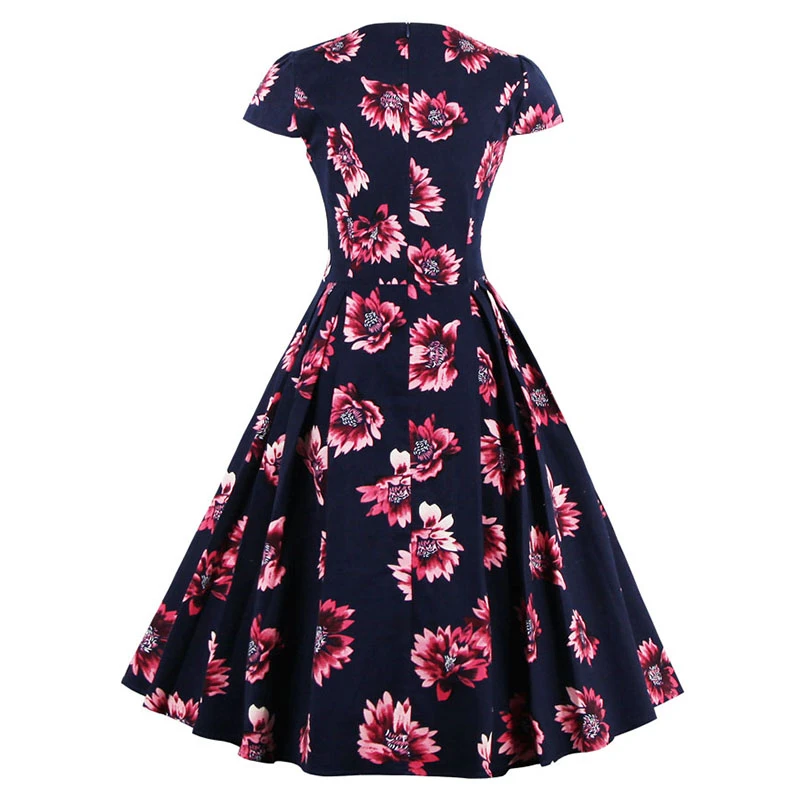 Kostlish Brand 2017 New Summer Dress Women Short Sleeve Slim 50s 60s Vintage Dress Elegant Print Swing Rockabilly Party Dresses (9)