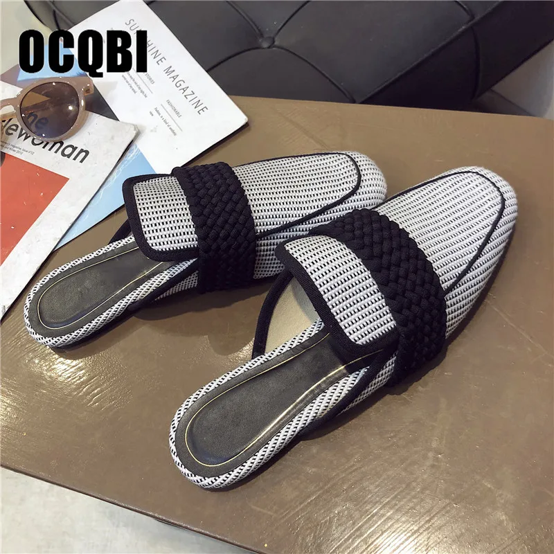 

Square Toe Cotton Mules Women Flats Heels Cotton Fabric Gingham Elegant Beauty Classics Mature Retro Flat Mules Big Size 40