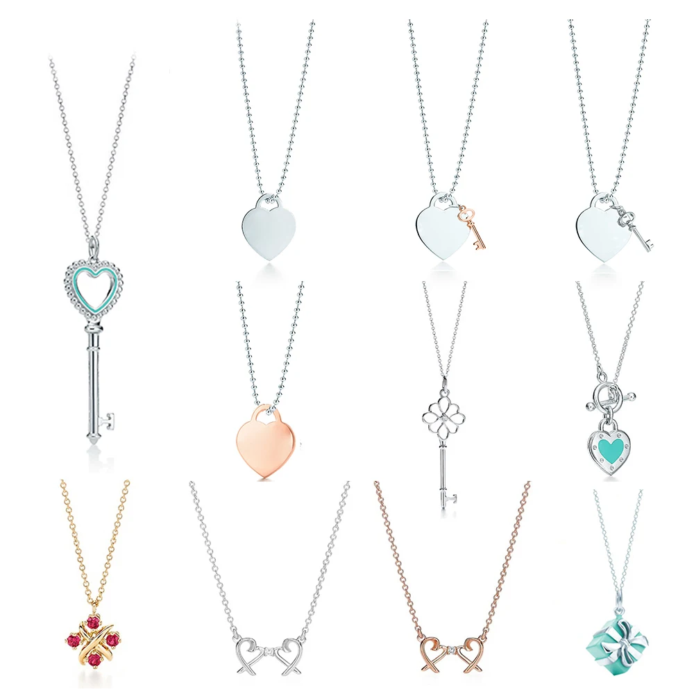 

NEW 925 Sterling Silver Charm Heart-shaped Key Pendant Gift Women Elegant Necklace Clavicle Chain Rose Gold Inlaid Zircon TIFF